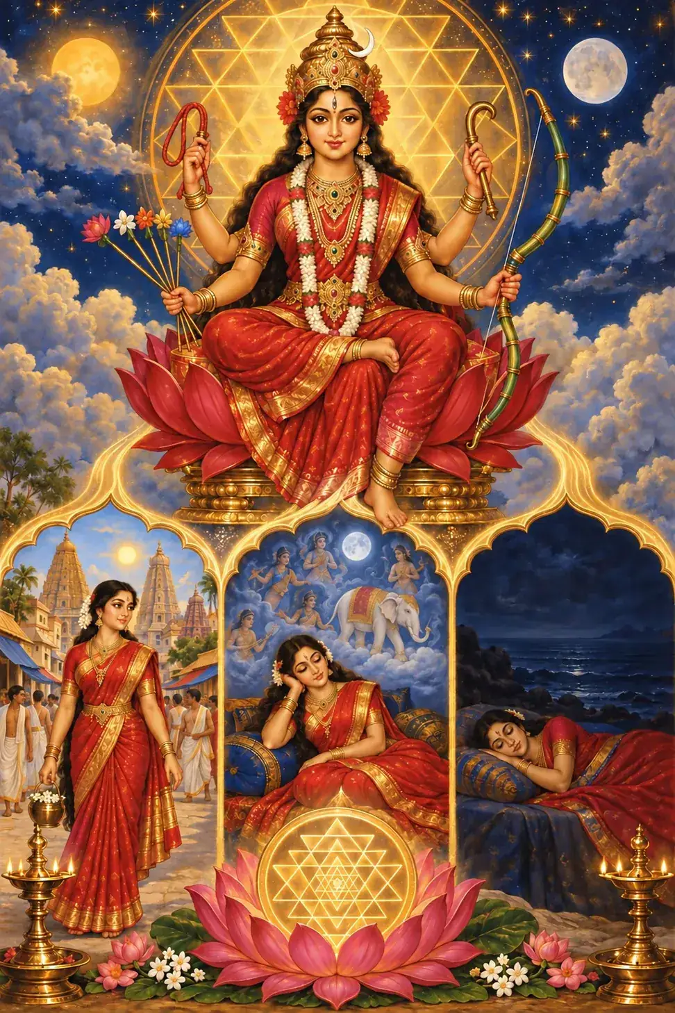 Four-armed Lalita sits before a glowing Shri Chakra above three arches showing waking, dreaming and deep sleep.