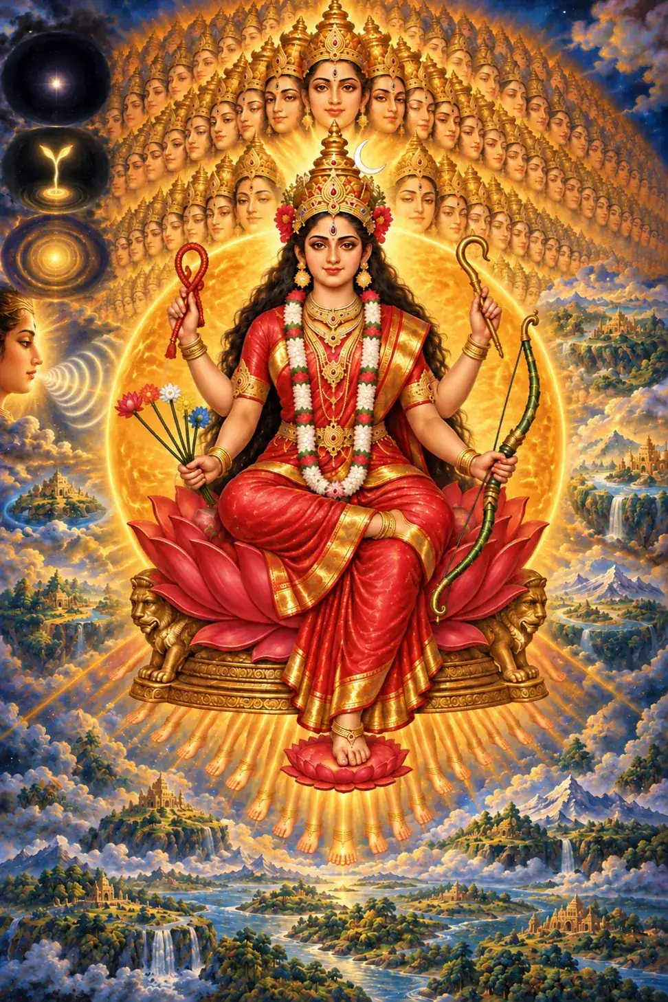Four-armed Lalita sits as Bhairavi in the solar orb as her cosmic form spreads around her and worlds rise into the light.