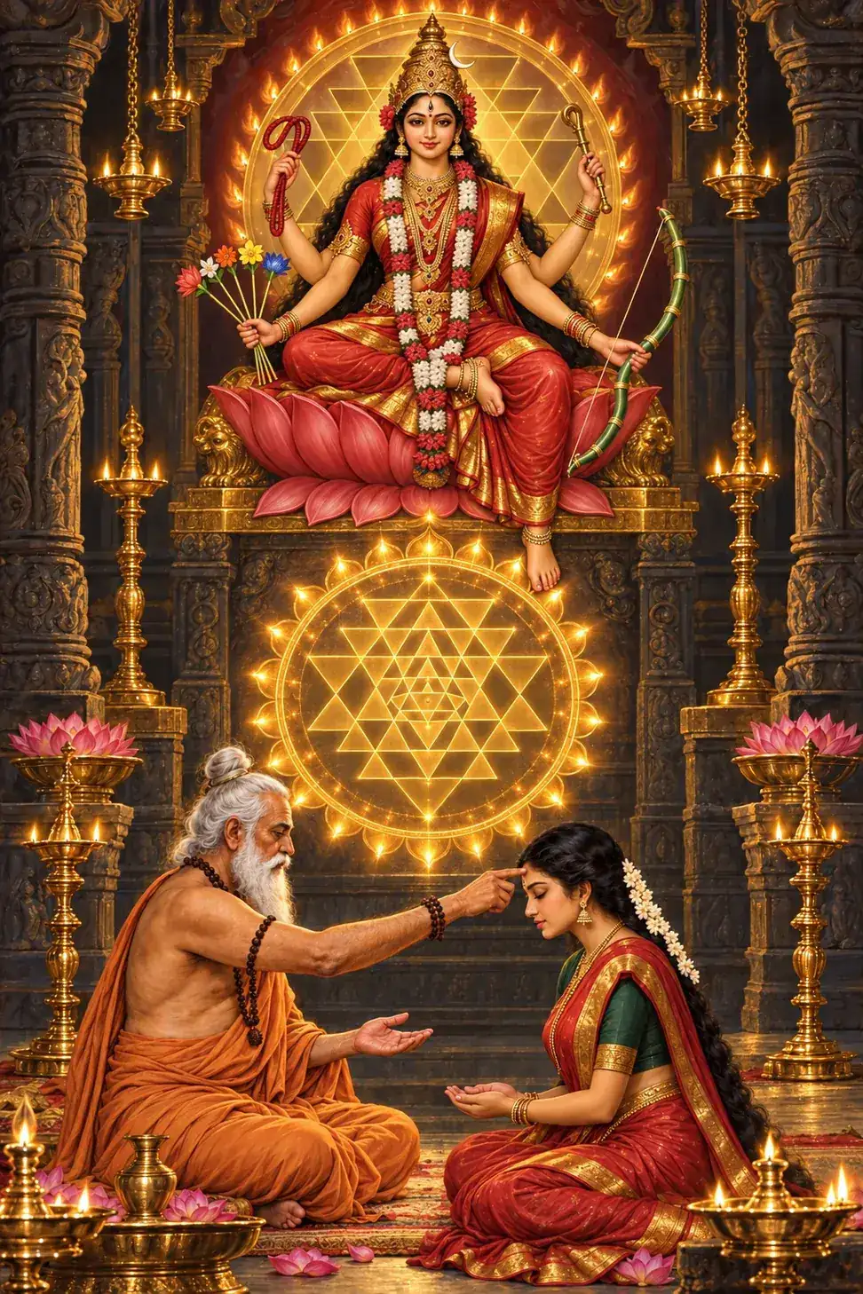 An aged teacher touches a kneeling woman disciple's brow, the Shri Chakra glowing between them and Lalita enthroned above.