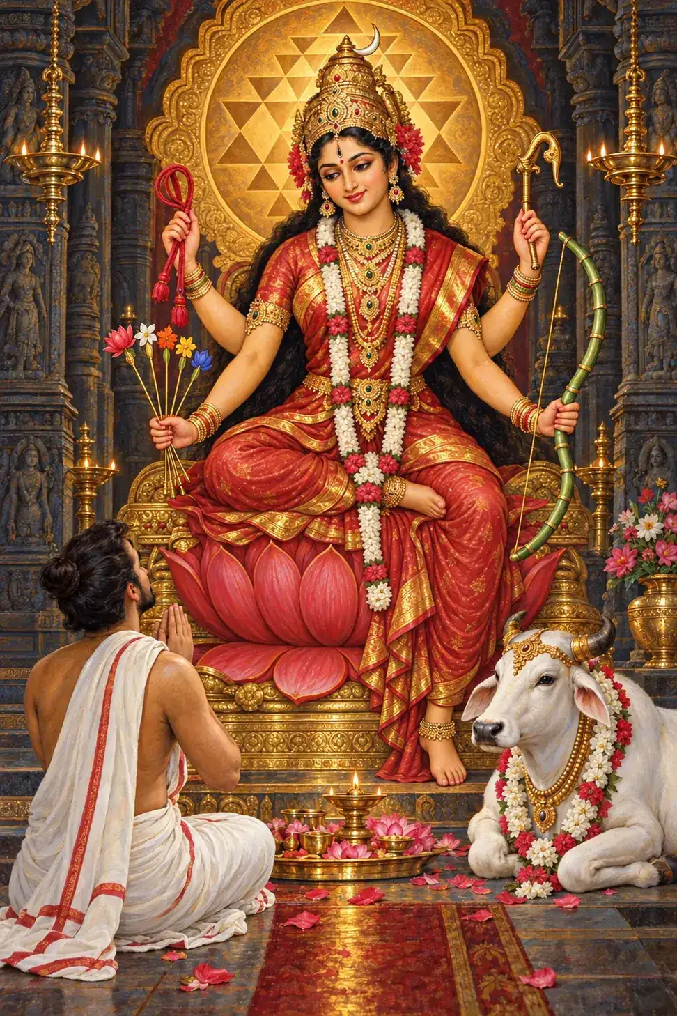 A devotee kneels with folded hands before four-armed Lalita enthroned, the white cow Kamadhenu resting at the right.