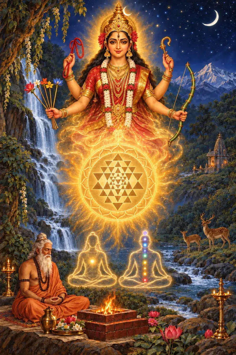 An aged sage meditates by a fire altar beneath a Shri Chakra and four-armed Lalita, two translucent meditating figures between.