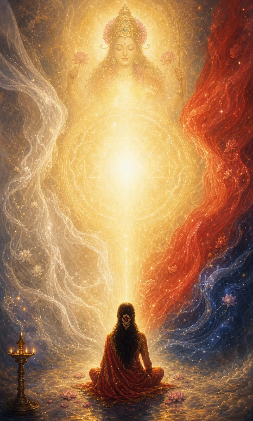 A woman sits before a column of light, seen from behind, white, red and dark currents rising beside it and a faint form above.