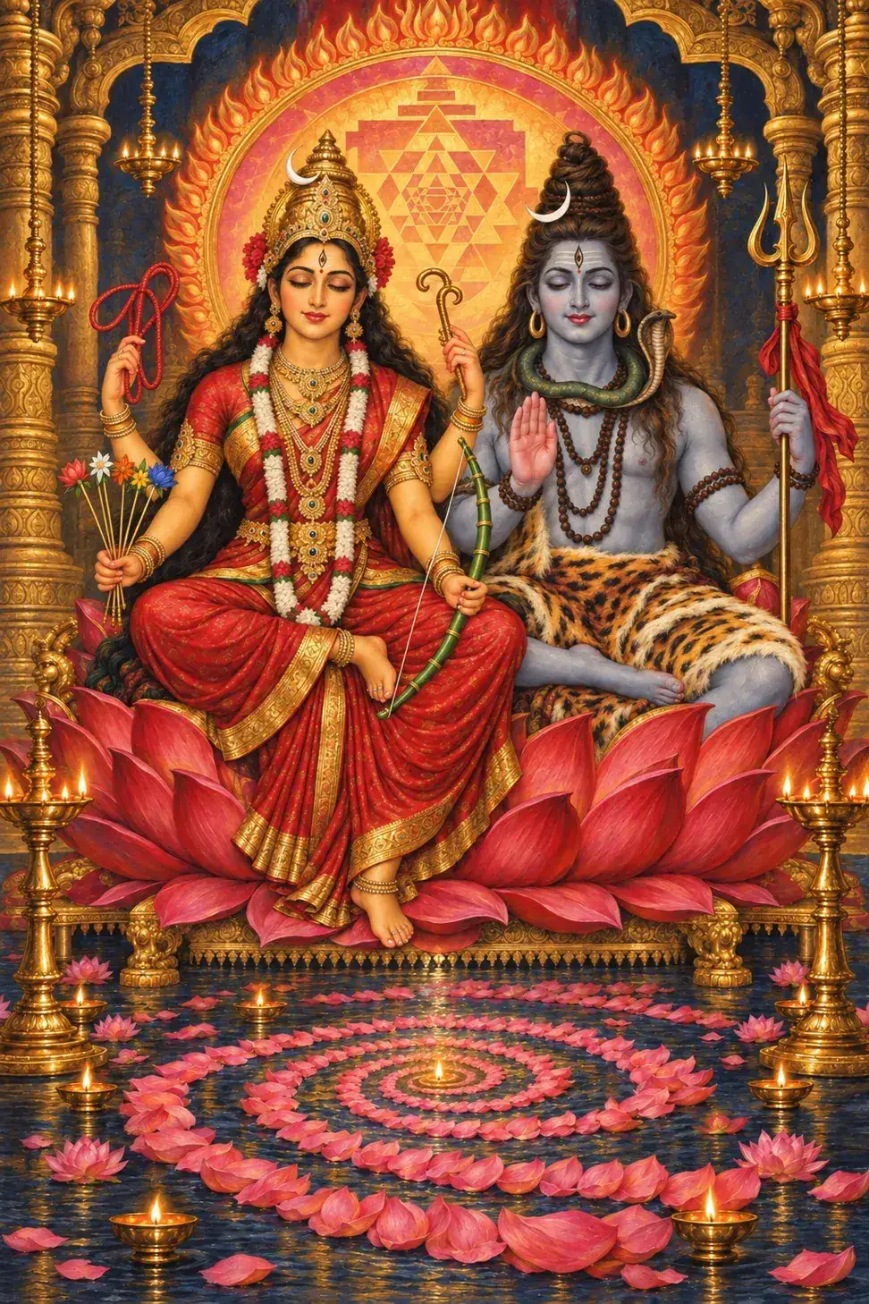 Lalita and Shiva sit on one lotus seat, she with noose, goad, bow and arrows and he with the trident, lamps floating below.