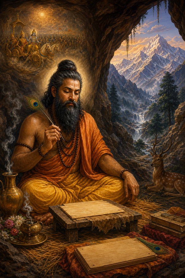 महर्षि व्यास हिमालय की गुफा में मोरपंख की लेखनी से महाभारत रचते हैं, ऊपर युद्ध का दृश्य झलकता है।