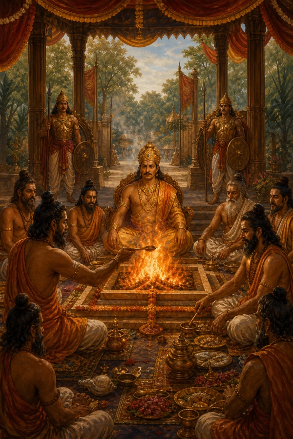 राजा जनमेजय यज्ञवेदी के सामने बैठे हैं और ऋत्विज प्रज्वलित अग्नि में आहुति डालते हैं।