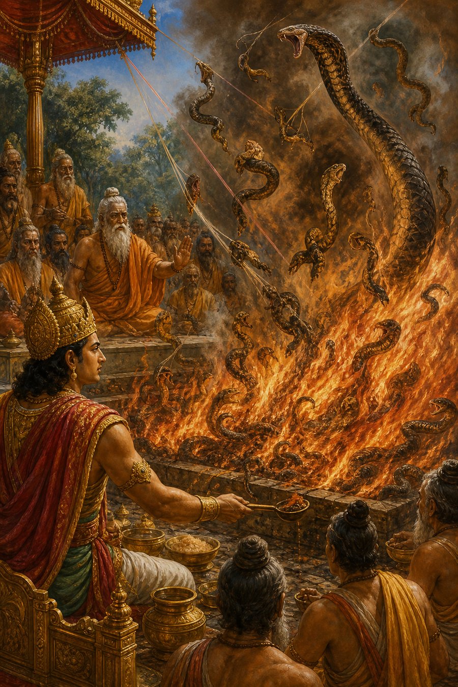 सर्पयज्ञ की धधकती ज्वाला में आकाश से खिंचे सर्प गिरते हैं, जनमेजय आहुति देते हैं और ऋषि देखते हैं।