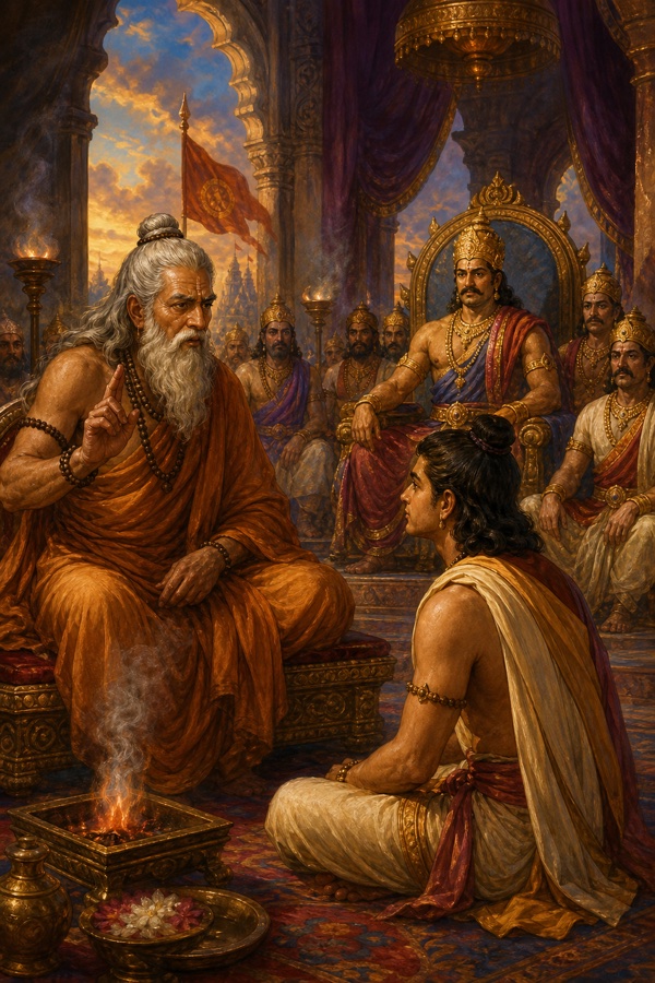 एक वृद्ध ऋषि उँगली उठाकर सामने बैठे युवा से गंभीर बात कहते हैं, पीछे मुकुटधारी राजा सुनते हैं।