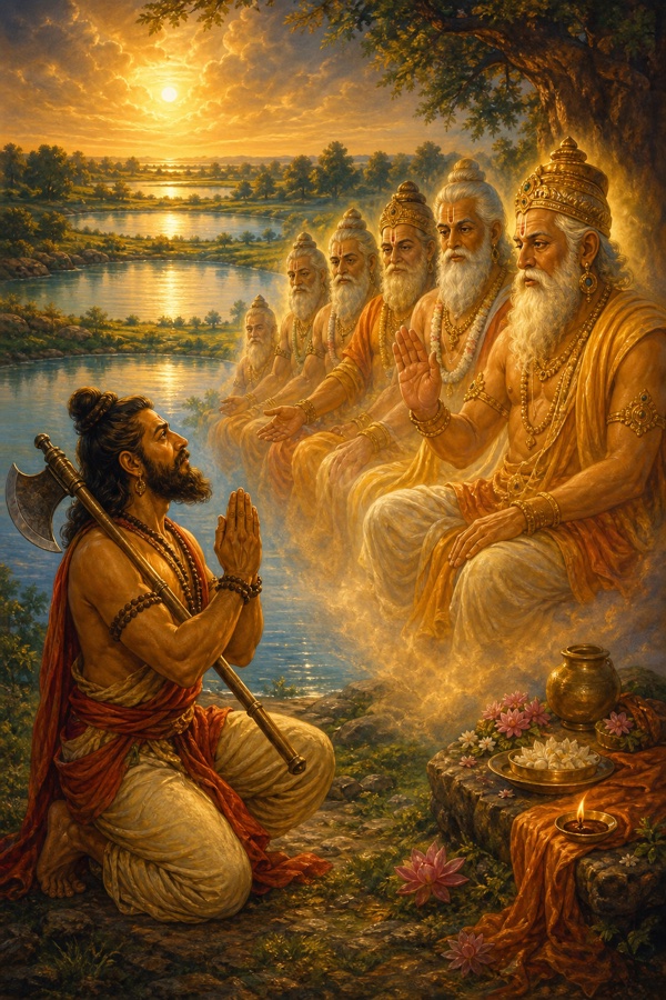 कुल्हाड़ी लिए एक तपस्वी नदी तट पर हाथ जोड़े बैठा है, आकाश में प्रकट पितर उसे आशीर्वाद देते हैं।