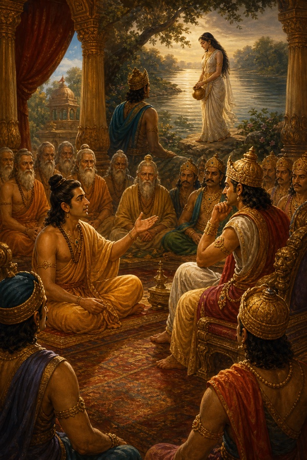 सभा में युवा कथावाचक राजाओं को कथा सुनाता है, ऊपर नदी तट पर कलश लिए स्त्री का दृश्य उभरता है।