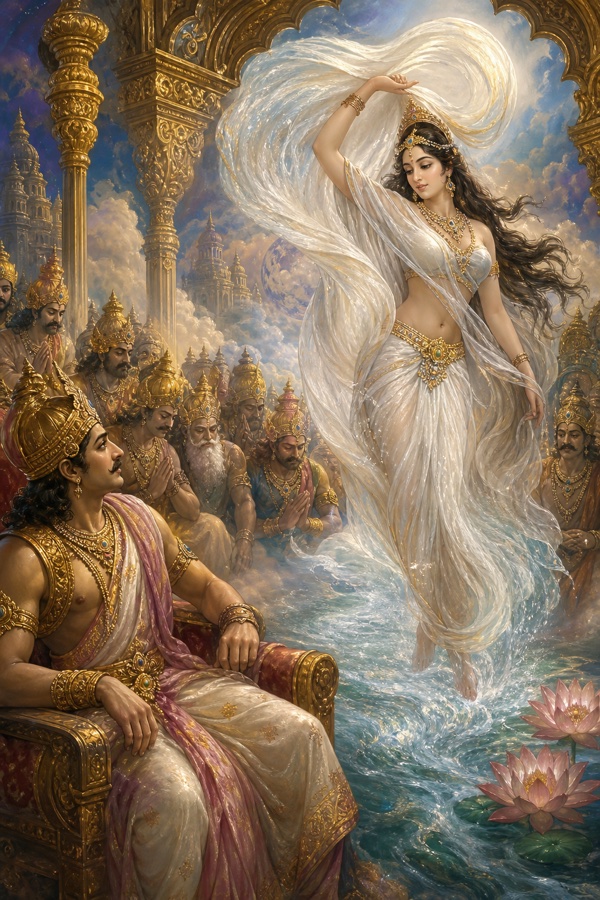 देवसभा में गंगा का वस्त्र वायु से उड़ जाता है और राजा महाभिष अपलक उन्हें देखते रहते हैं।