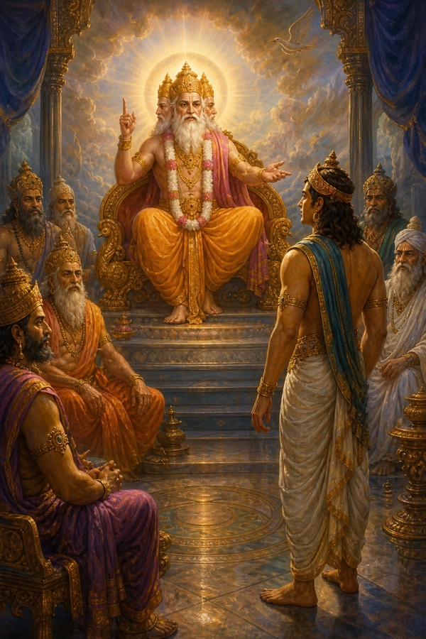 चतुर्मुख ब्रह्मा उँगली उठाकर सामने खड़े राजा महाभिष को मृत्युलोक में जन्म लेने का शाप देते हैं।