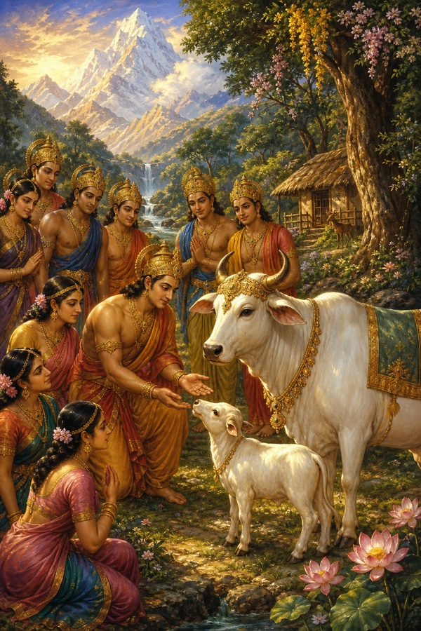 आठ वसु अपनी पत्नियों सहित आश्रम के पास नंदिनी गौ और उसके बछड़े को घेरकर निहार रहे हैं।