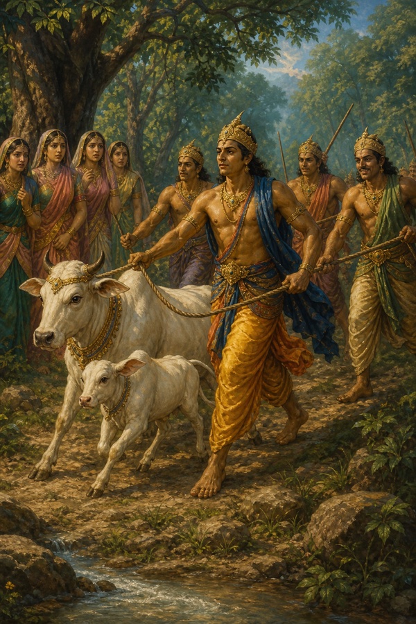 वसुगण अपनी स्त्रियों के आग्रह पर वशिष्ठ की नंदिनी गौ और बछड़े को रस्सी से बाँधकर हर ले जाते हैं।