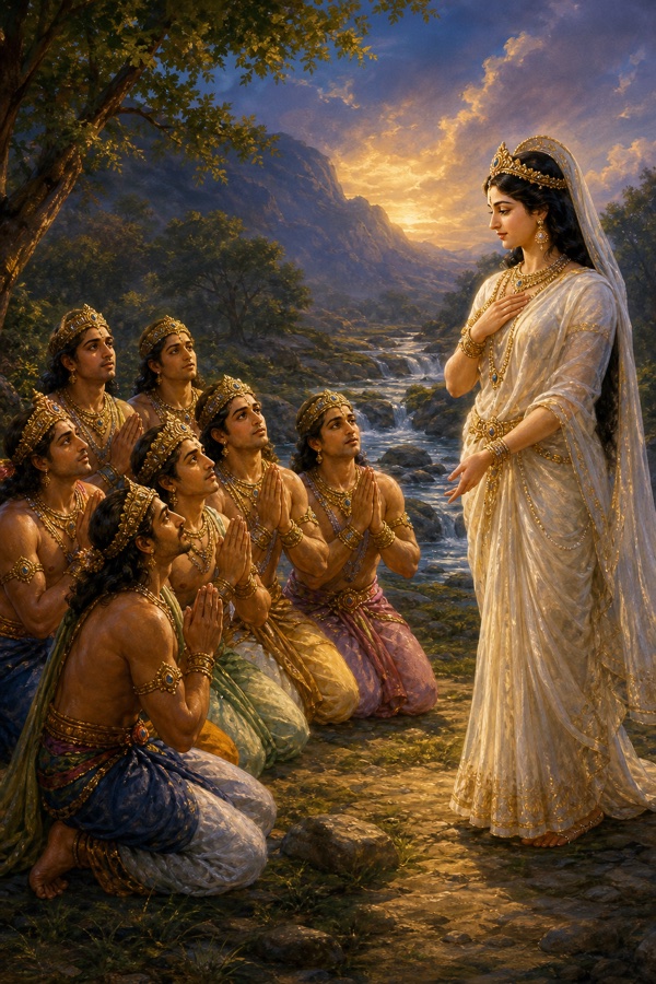 आठों वसु नदी तट पर हाथ जोड़कर गंगा से उन्हें गर्भ में धारण कर मुक्त करने की प्रार्थना करते हैं।