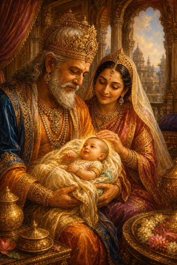 वृद्ध राजा प्रतीप और रानी वृद्धावस्था में जन्मे पुत्र शांतनु को गोद में लिए स्नेह से निहारते हैं।