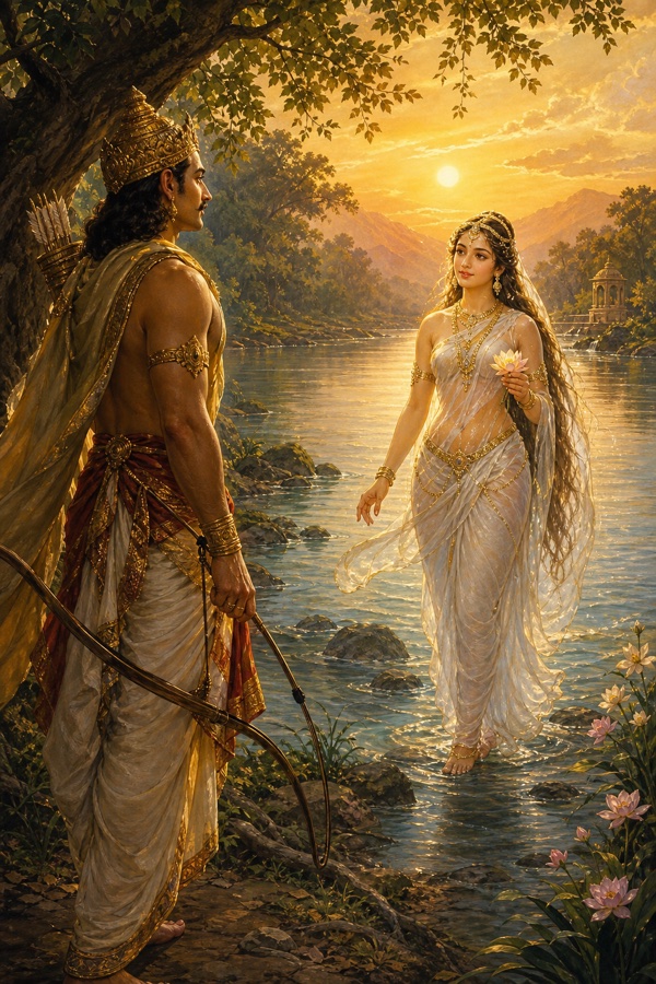आखेट पर निकले राजा शांतनु नदी के जल पर चलती दिव्य रूपवती गंगा को मुग्ध होकर देखते हैं।