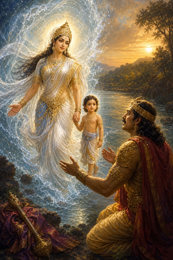 जल की धाराओं के बीच प्रकट गंगा बालक देवव्रत का हाथ थामे उसे घुटनों बैठे शांतनु को सौंपती हैं।