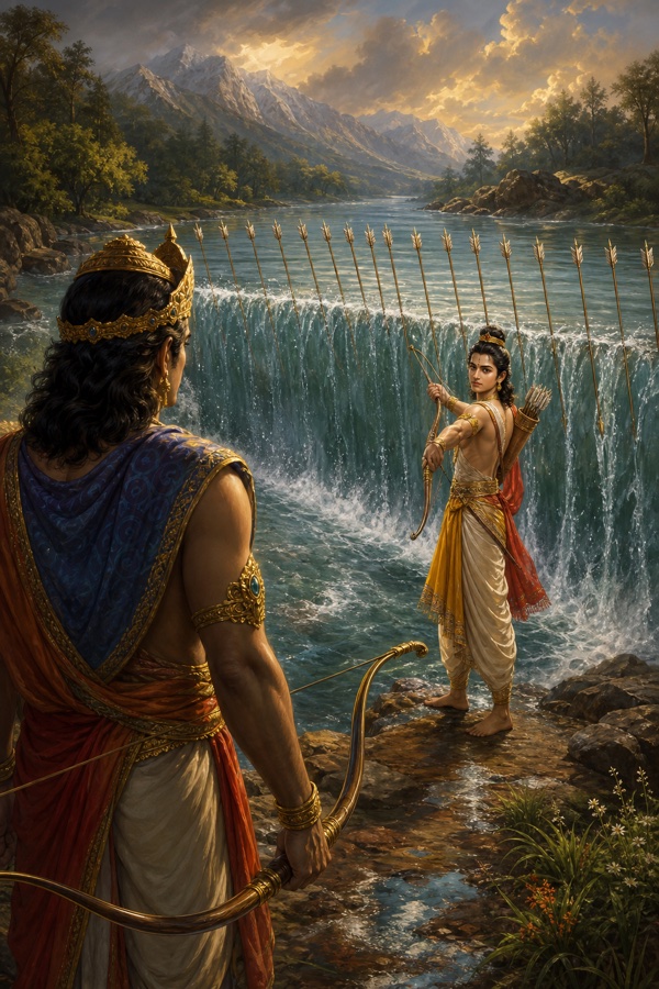 किशोर देवव्रत बाणों की दीवार बनाकर गंगा की धारा रोक देते हैं, पीछे खड़े शांतनु विस्मित देखते हैं।