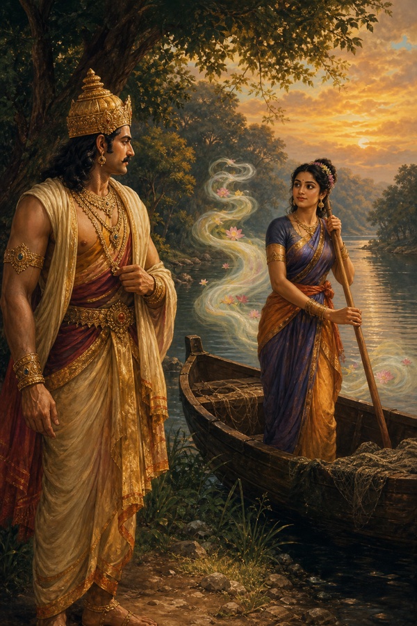 राजा शांतनु नाव में पतवार थामे खड़ी सत्यवती को देखते हैं, उसके तन की दिव्य सुगंध लहराती है।