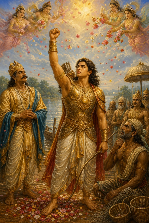 देवव्रत मुट्ठी उठाकर आजीवन ब्रह्मचर्य की भीषण प्रतिज्ञा करते हैं और आकाश से देवगण पुष्प बरसाते हैं।