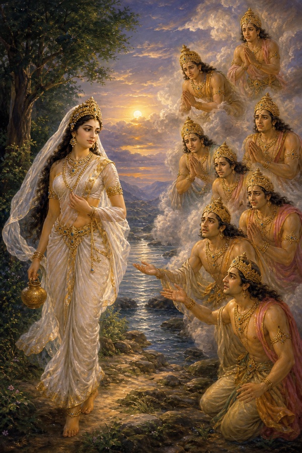 कलश लिए खड़ी गंगा के सम्मुख मेघों के बीच आठों वसु हाथ जोड़कर विनती करते हैं।