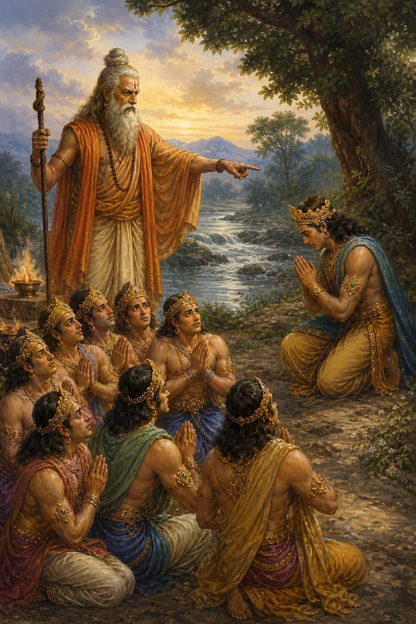 क्रुद्ध वशिष्ठ उँगली उठाकर हाथ जोड़े बैठे वसुओं को मनुष्य योनि में जन्म लेने का शाप देते हैं।