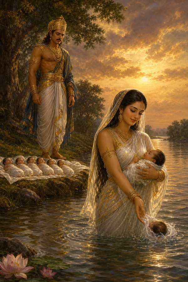 गंगा नवजात शिशु को नदी के जल में उतारती हैं, तट पर राजा शांतनु मौन वेदना से देखते हैं।