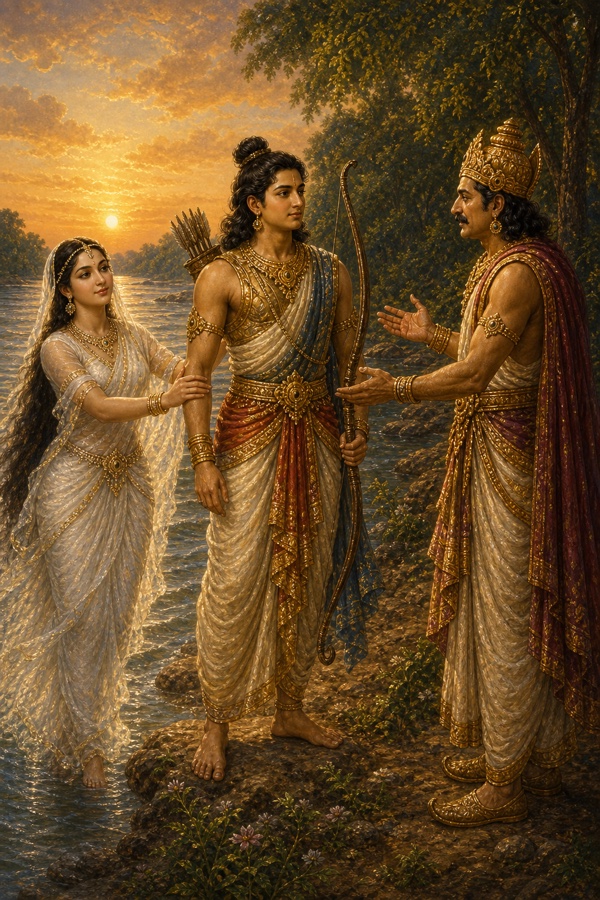 गंगा किशोर देवव्रत का कंधा थामे धनुष-बाण सहित उसे तट पर खड़े राजा शांतनु को सौंपती हैं।