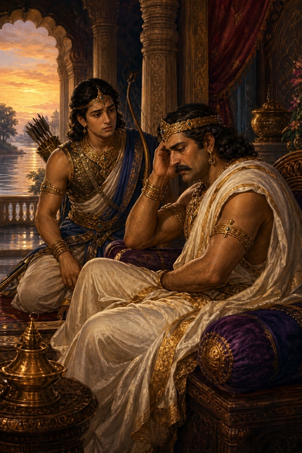 उदास राजा शांतनु माथे पर हाथ रखे बैठे हैं, चिंतित देवव्रत पास बैठकर उनका दुख पूछते हैं।