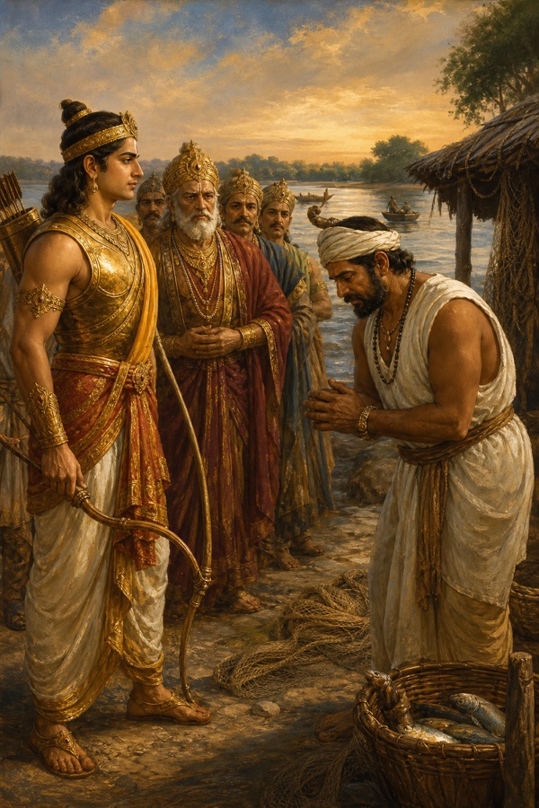 देवव्रत मंत्रियों के साथ धीवरराज के पास पहुँचते हैं, वह हाथ जोड़कर झुककर उनका स्वागत करता है।