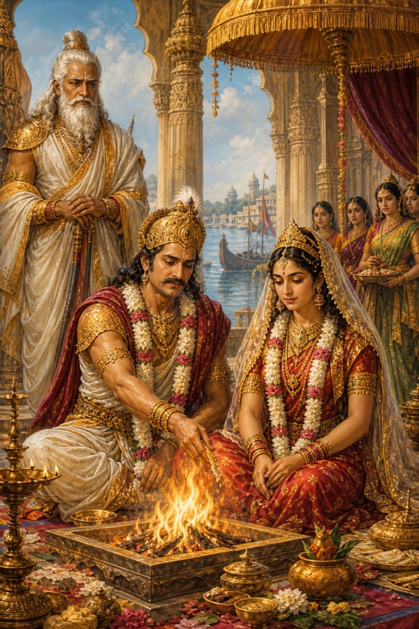 नदी किनारे के मंडप में शांतनु और सत्यवती विवाह अग्नि के सम्मुख बैठे हैं, पीछे भीष्म खड़े हैं।