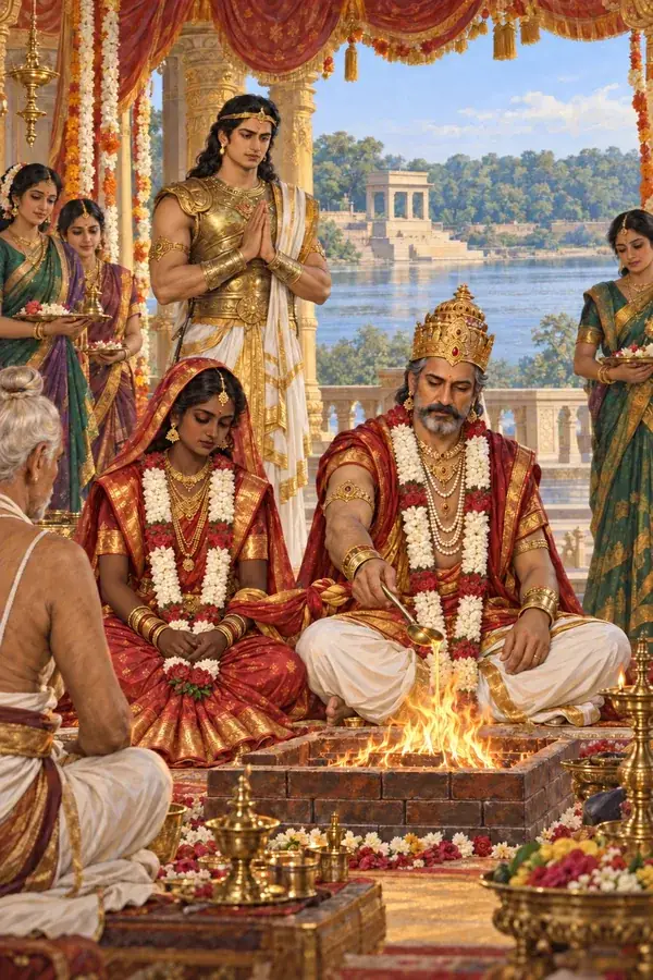 नदी किनारे के विवाह मंडप में शान्तनु और श्यामवर्णी सत्यवती अग्नि के सामने बैठे हैं, और पीछे युवा देवव्रत हाथ जोड़े खड़े हैं।