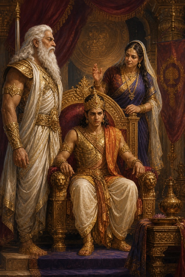 भीष्म युवा राजा के सिंहासन के समीप खड़े हैं, पीछे से सत्यवती हाथ उठाकर कुछ कहती हैं।