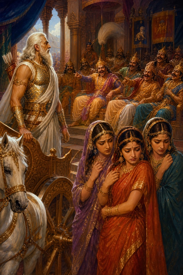 स्वयंवर सभा में भीष्म तीन राजकुमारियों के साथ रथ पर, क्रुद्ध राजा उँगली उठाकर ललकारते हैं।