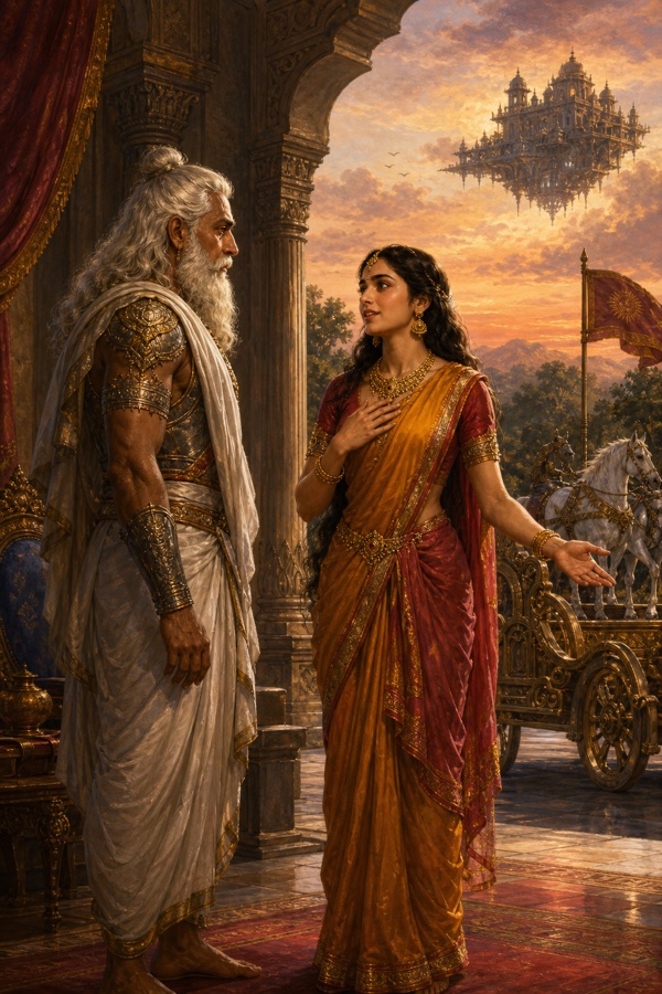 अंबा हाथ फैलाकर भीष्म से शाल्व के पास लौटने की अनुमति माँगती हैं।
