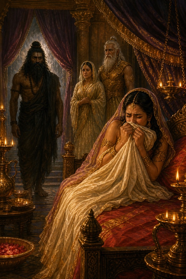शय्या पर बैठी अंबिका मुख ढँककर रो रही हैं, जटाधारी व्यास कक्ष में प्रवेश करते हैं।