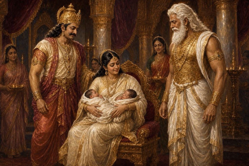 शांतनु और सत्यवती अपने दो नवजात पुत्रों चित्रांगद और विचित्रवीर्य को निहार रहे हैं, पास भीष्म खड़े हैं।