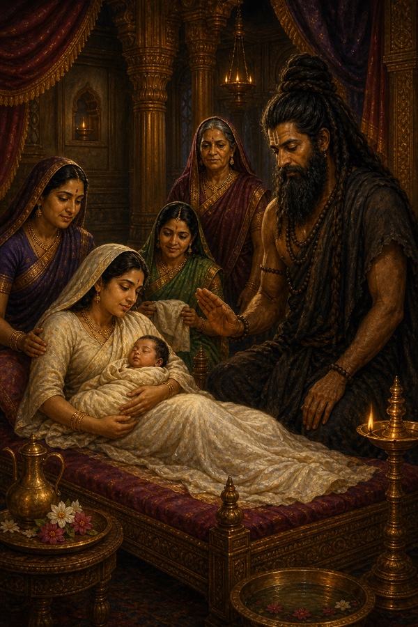 व्यास दासी माता की गोद में लेटे नवजात विदुर को आशीर्वाद देते हैं, स्त्रियाँ स्नेह से देखती हैं।