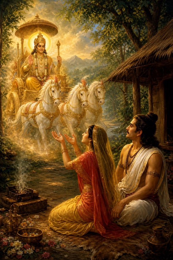 वन कुटिया के बाहर कुंती और पांडु श्वेत अश्वों वाले दिव्य रथ पर प्रकट देवता का स्वागत करते हैं।