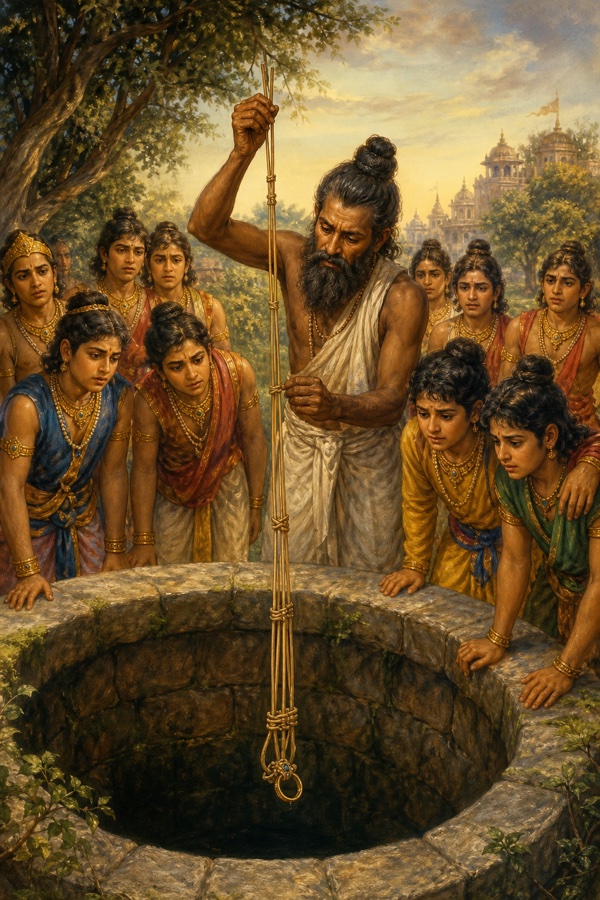 द्रोण तिनकों की डोरी से कुएँ में गिरी अँगूठी निकालते हैं, राजकुमार झुककर अचरज से देखते हैं।