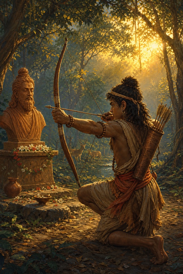 एकलव्य वन में द्रोण की मिट्टी की प्रतिमा के सम्मुख धनुष साधकर अभ्यास करते हैं।