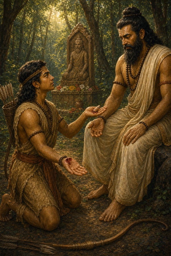 एकलव्य कटा हुआ अँगूठा गुरुदक्षिणा में द्रोण को अर्पित करते हैं, पीछे प्रतिमा दिखती है।