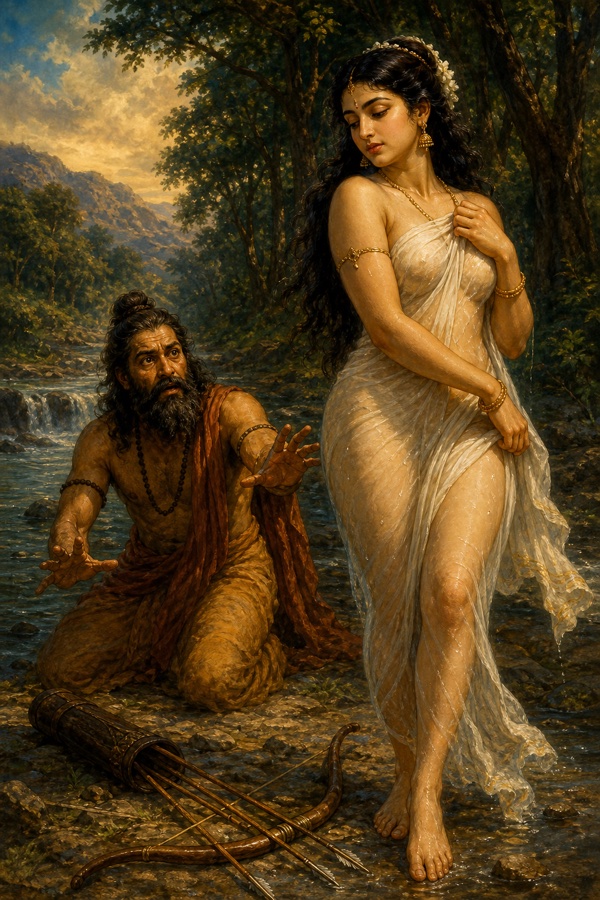 धनुष-बाण भूमि पर छूटे हैं, तपस्वी शरद्वान जल से निकली अप्सरा जानपदी को देखकर विचलित हैं।