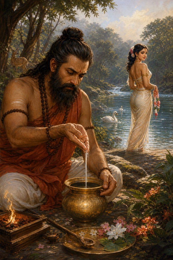 ऋषि भरद्वाज यज्ञ वेदी के पास कलश में अपना तेज सहेजते हैं, नदी में अप्सरा घृताची खड़ी हैं।