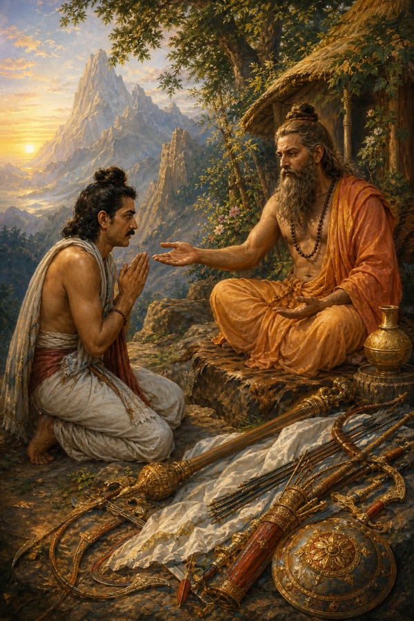 महेंद्र पर्वत पर परशुराम हाथ बढ़ाकर विनम्र द्रोण को अपने दिव्य अस्त्र-शस्त्र सौंपते हैं।