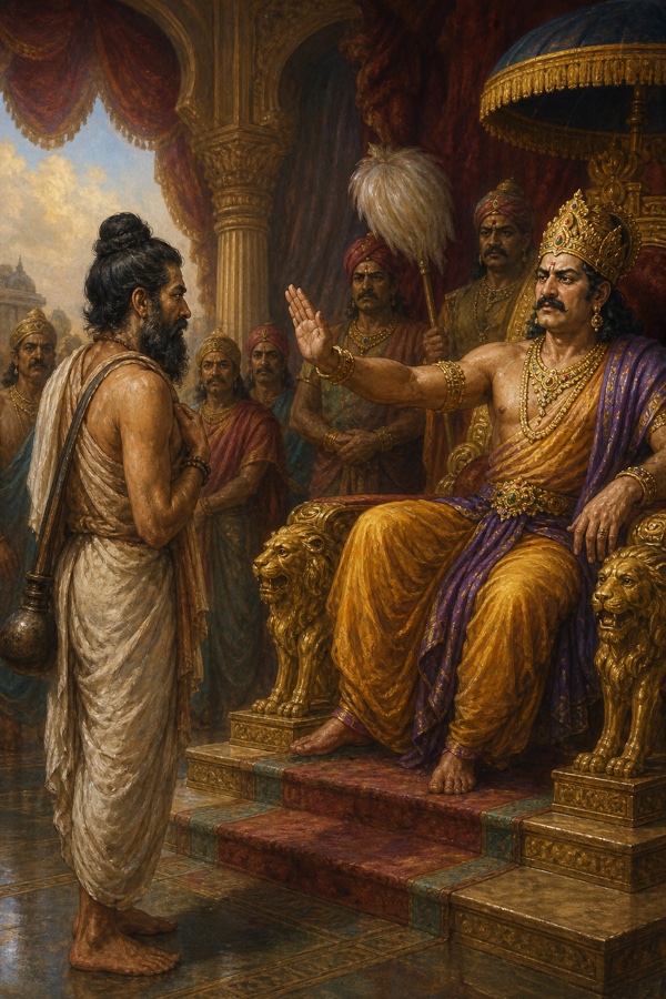 राजा द्रुपद सिंहासन से हाथ उठाकर दीन वेश में आए मित्र द्रोण को ठुकरा देते हैं।