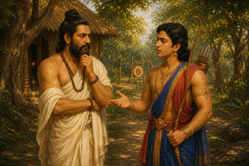 धनुष लिए अर्जुन आश्रम में द्रोण से प्रश्न करते हैं, पीछे अभ्यास का लक्ष्य टँगा है।