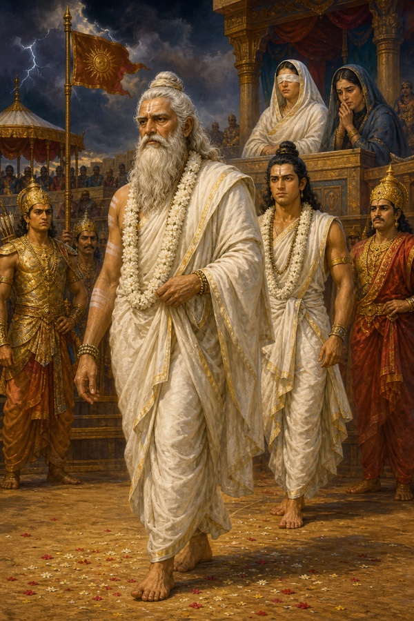 श्वेत वस्त्रों और पुष्पमाला में द्रोणाचार्य पुत्र अश्वत्थामा सहित रंगभूमि में प्रवेश करते हुए