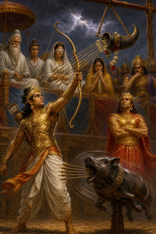 अर्जुन घूमते लौह वराह के मुख में बाण मारता हुआ, पास खड़ा रक्तवस्त्रधारी राजकुमार बाहें मोड़े देखता