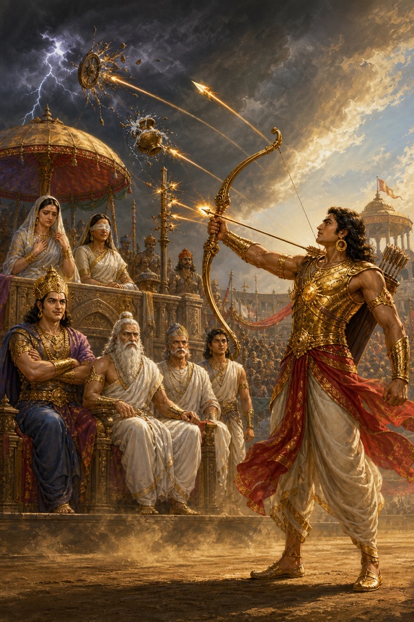कर्ण धनुष उठाकर अर्जुन जैसे लक्ष्यभेद के करतब दोहराता हुआ, मंच पर राजकुमार और वरिष्ठ जन देखते